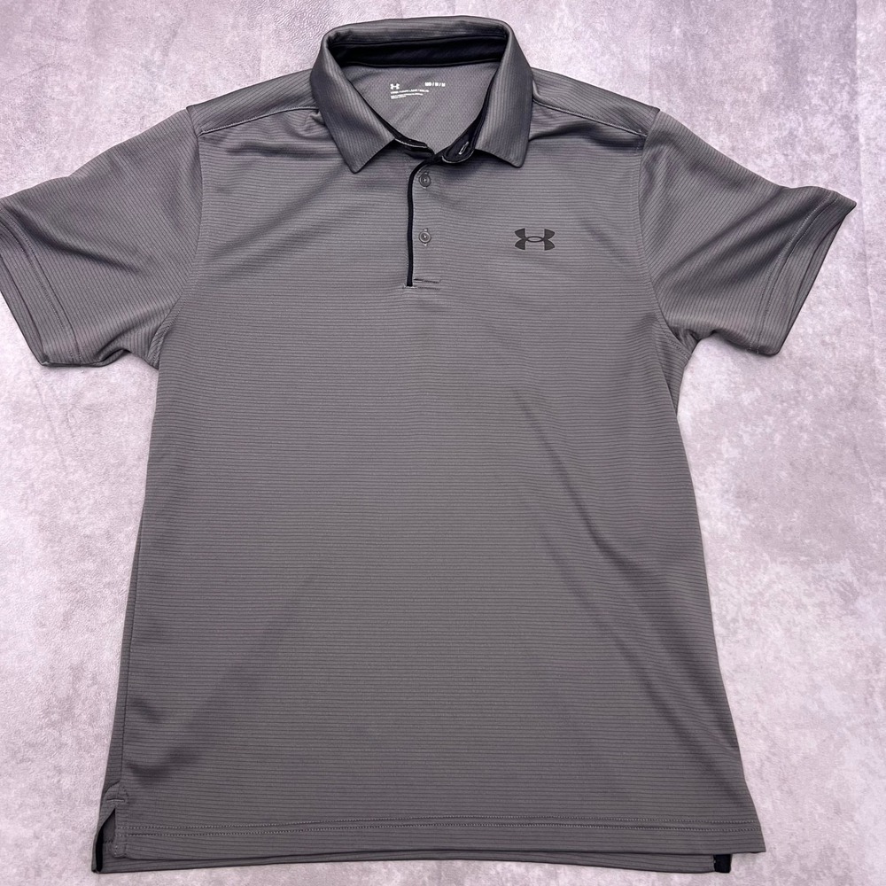 Under Armour Polo Shirt Mens Medium Gray Excellent Micro-Stripe Loose Fit Sport